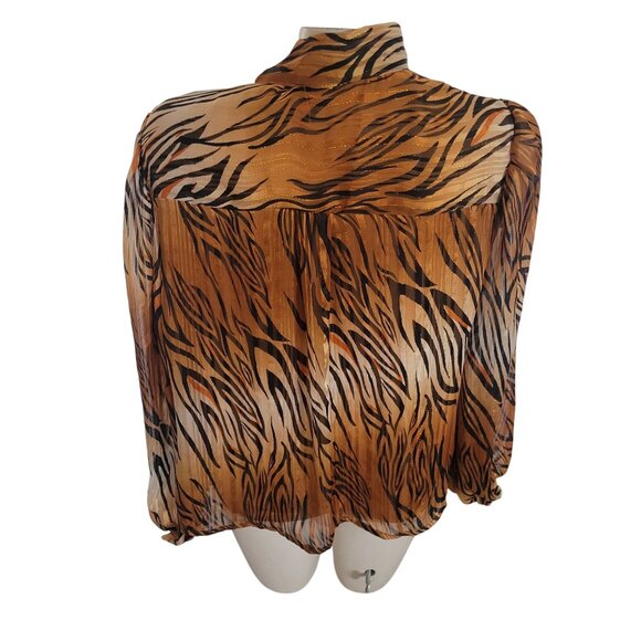 Tiger Print Sheer Long-Sleeve Blouse With Tie Neck XL By Love &‎ Story Polyester - Picture 5 of 6